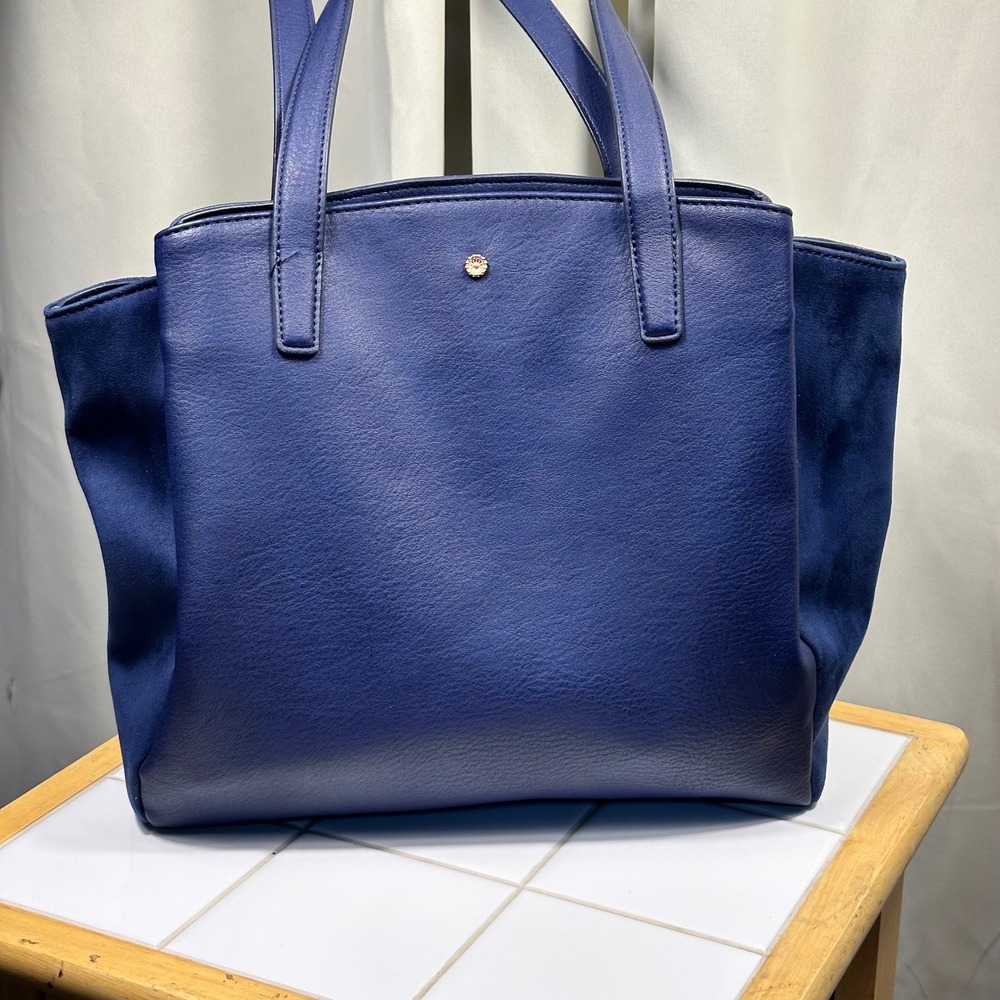 LC Lauren Conrad Tote Bag Women Large Navy Blue Faux Suede Leather Excellent